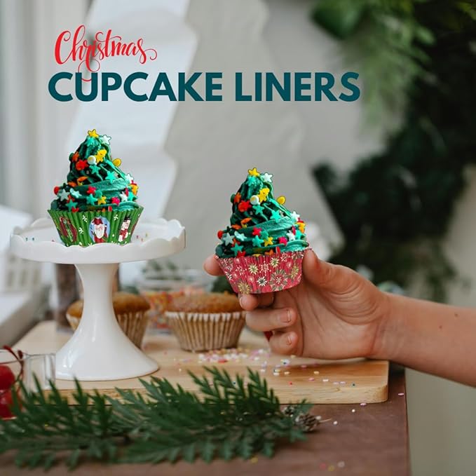 Green Direct Cupcake Liners - Standard Size Cupcake Wrappers to use for Pans or carrier or on stand - Paper Baking Cups, Christmas Design, (Pack of 500)