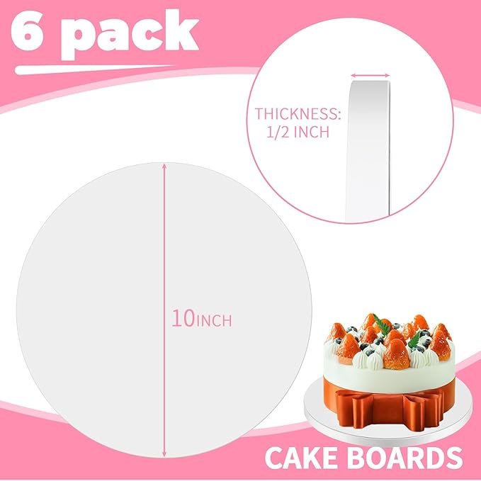 Cake Boards 10 Inch Round, 1/2" Thick Decorating Supplies White 6-Pack Sturdy Corrugated Cardboard Base, Base para Pastel. (10inch(6pack))