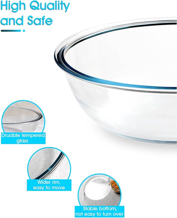 NUTRIUPS 5QT Large Tempered Glass Salad Bowl with Lid, 13 inch Clear Glass Bowls for Mixing, Prepping, Storage, Large Shallow Flat Bottom Bowl for Sourdough