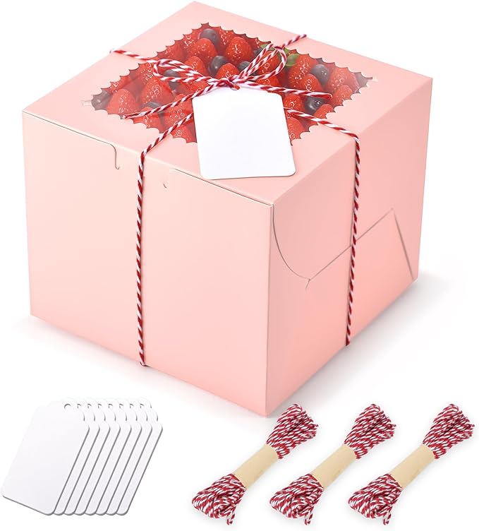 20Pcs Mini Cake Boxes with Window, 6x6x5 Inches Pink Bakery Boxes, Small 4 Cupcake Boxes, Cake Packaging for Pastries, Cookies, Chocolates, Cupcakes, Birthday Party, Wedding