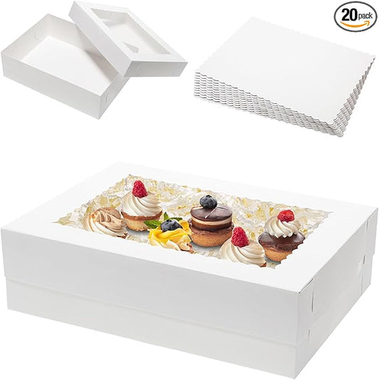 10pcs 14x10x4 Quarter Sheet Cake Boxes with 10 pcs Cake Boards - Rectangle Bakery Boxes with Window for Pastry Baking, Cupcakes, Donuts, Cookies, Pie Treat Packaging White Large