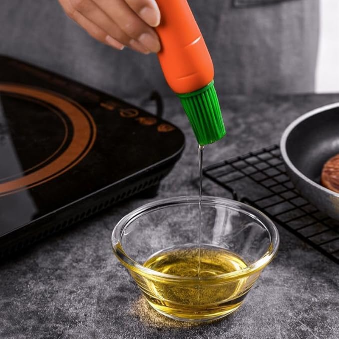 Silicone Carrot Shaped Basting Brush, Orange with Green Bristles, Kitchen Baking Tool