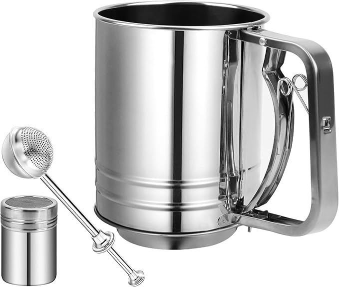 Flour Sifter Stainless Steel,3 Cup Flour Sifters for Baking,3 in1 Sifter for Baking with Powdered Sugar Shaker Duster, Flour Shaker Duster for Baking Cakes, Pastries, Pies, Cupcakes and Desserts