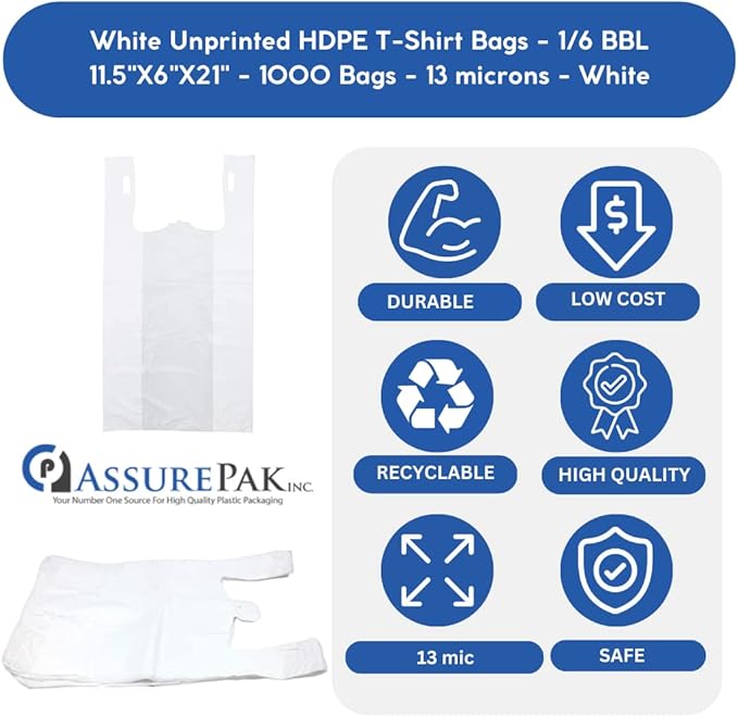 ASSUREPAK White Unprinted HDPE T-Shirt Bags - 1000 Units - 1/6 BBL 11.5"X6"X21" -13 microns - White - Perfect for Groceries, Shopping, Boutique Bags and Retail Stores - LOOP-WHITE-EO