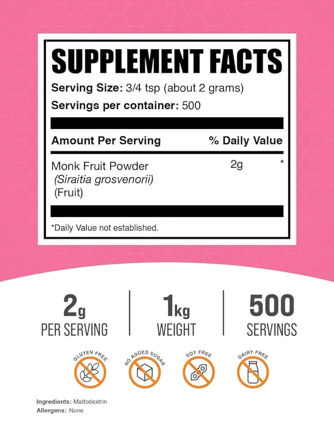 BulkSupplements.com Monk Fruit Powder - Monk Fruit Sweetener, Sugar Substitute for Baking - Pure & Gluten Free, 2g per Serving, 1kg (2.2 lbs) (Pack of 1)