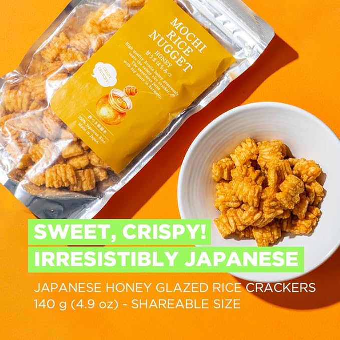 Mochi Rice Nuggets – Japanese Rice Crackers, Rice Crispy Treats, Japanese Snacks, No MSG, No Artificial Colors or Preservatives, Made in Japan, arare rice crackers, Honey Glazed 4.9oz (140g)