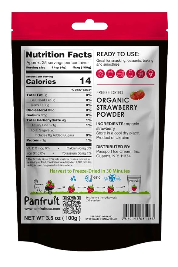 Panfruit Organic Freeze-Dried Strawberry Powder – No Sugar Added, Non-GMO, 100% Real Fruit – Ideal for Smoothies, Baking, Yogurt, and Desserts – 3.5 oz