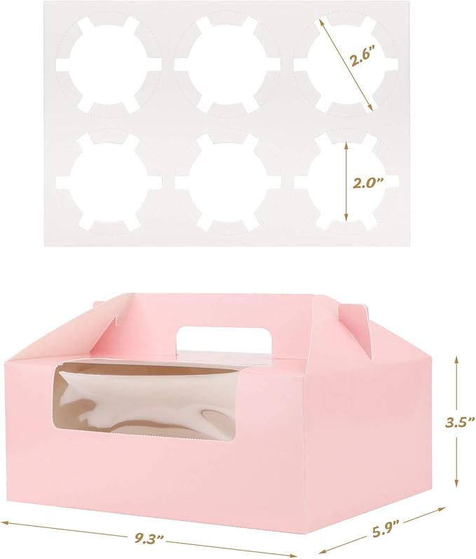 EUSOAR Pink Cupcake Boxes, 25pcs 9.4"x 6.2"x 3.0" 6 Cupcakes Container with Window&Insert, Bakery Wrapping Party Baby Shower Favor Treat Boxes Take-Out Cupcake Muffin Carry Packing Container