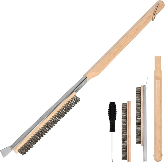 Pizza Oven Brush, 26" Brush and Stainless Steel Scraper for Pizza Stone, BBQ Grill Cleaning Brush Non Scratch Heat Proof Stainless Steel Bristles with Screwdriver for Pizza Oven Accessories