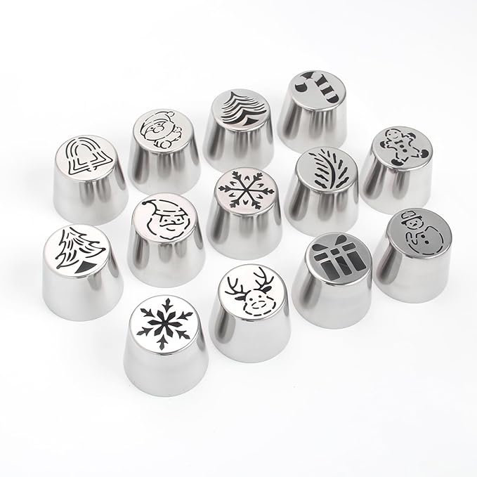 25 Pieces Stainless Steel Extra Large Christmas Piping Tips Set,13 Christmas Frosting Icing Tips with 10 Disposable Pastry Bags,1 Small Russian Tip,1 Cleaning Brush for Cake Decorations