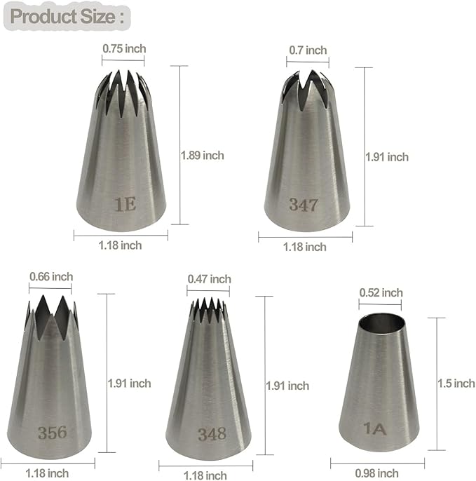 5Pcs Large Piping Tips Set, Cookie Decorating Tools Cake Decorating Tips Frosting Icing Tips Piping Nozzles Baking Tools for Cupcake Cake Cookie Pastry, Food Grade Stainless Steel, 1A 1E 347 348 356