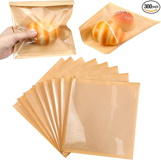 300 Pack Heat-Sealable Cookie Bags with Window, Clear Front Brown Paper Treat Bags, Grease-Resistant Bakery Pastry Bag for Bagel, Cake Slice, Sandwich, Donut, Pastry, Treat, Snack