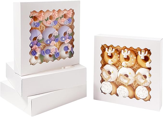Bakepacker 36pcs White 10x10x2.5 inches Easy Assemble Macaroon Cookie Boxes Bakery Boxes with Window (Auto-pop Up)
