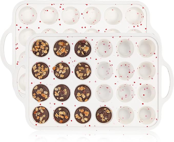 Mini Muffin Pan, Metal Reinforced Frame Mini Cupcake Pans 24 Cups Nonstick Muffin Silicone Molds with Handle for Baking Muffins, Cupcakes, Egg Bites 2 Pack Heart-Shaped