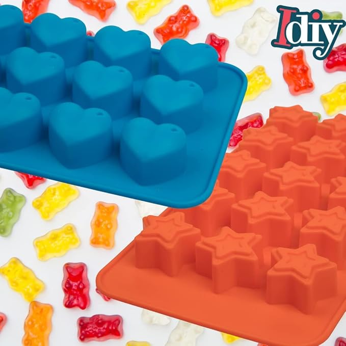 Star & Heart Silicone Candy Molds 4 Pack with 2 Droppers- Nonstick Gummy, Chocolate, Ice Cube & Baking Molds- BPA-Free Trays for Holiday Treats, Fall Crafts, Birthday Party Favors & DIY Gifts for Kids