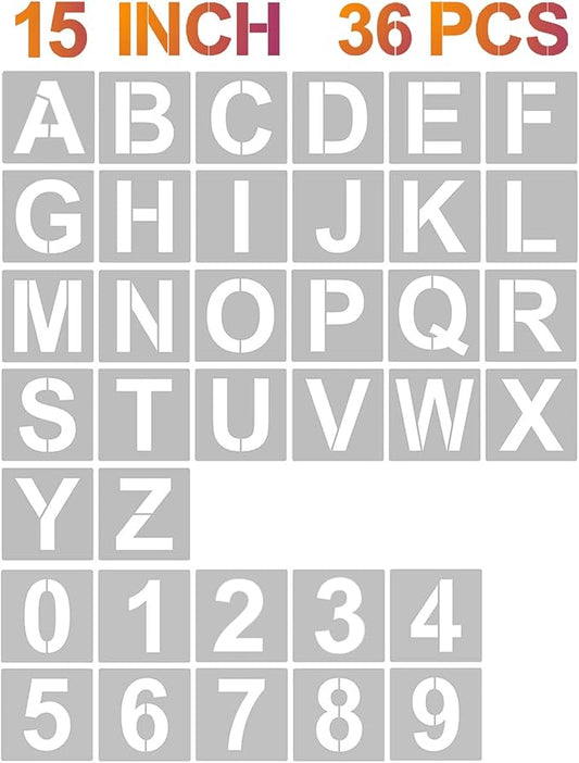 YEAJON 15 Inch Letter Stencils and Numbers, 36 Pcs Alphabet Art Craft Stencils, Reusable Plastic Templates for Wood, Wall, Fabric, Rock, Signage (15 Inch)