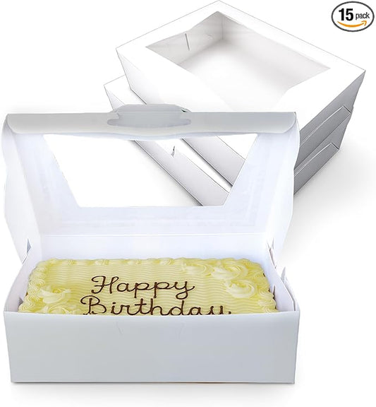 MT Products White Cake Boxes 14" x 10" x 4" - Bakery Boxes with Window (Pack of 15) - Made in USA