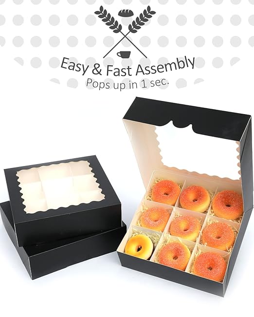 qiqee Auto-pop up Black Pie Boxes with Window 10x10x2.5 inch 30Packs Cookie Donut Bakery Box