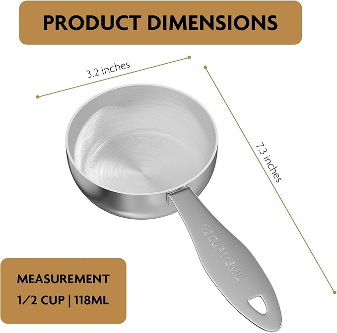 1PCS 1/2Cup(118ml) Stainless Steel Measuring Cup, Heavy-duty Single Metal Scoop for Wet and Dry Ingredients, Great Kitchen Gadgets for Cooking