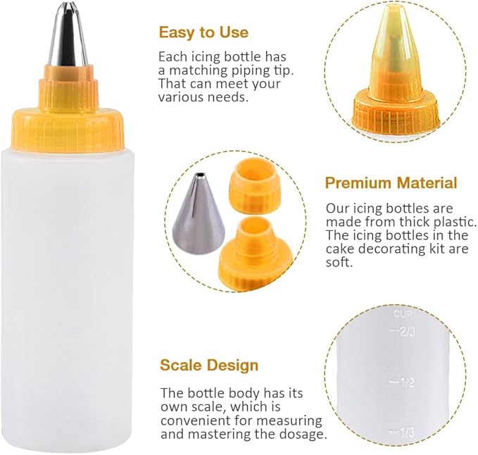 Icing Bottles with Stainless Steel Piping Tips (8 pcs) - 2 Foldable, 4 Beak, 2 Bicolor Bottles, Plastic & Stainless Steel, White & Yellow, Cake Decorating