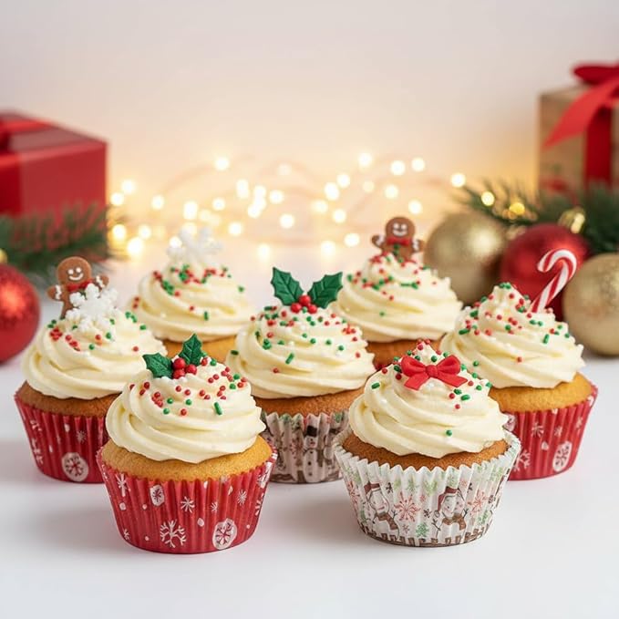 400 Pcs Christmas Cupcake Liners, 2.75 Inch Baking Cups with Holiday Snowflake & Tree Patterns, Assorted Color Muffin Liners for Xmas Party, Baking & Decorations