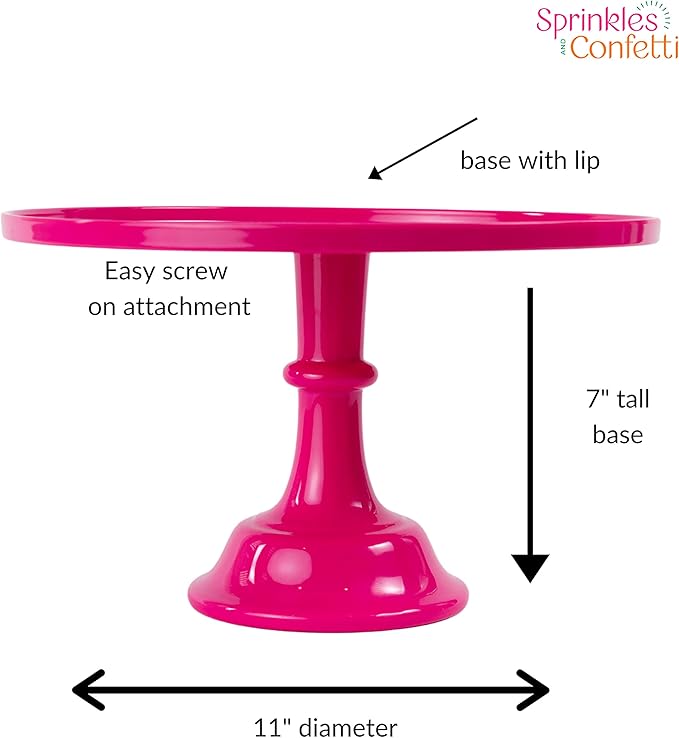 Sprinkles & Confetti 11" Bright Pink Melamine Cake Stand – Durable, Reusable Dessert Display for Weddings, Birthdays & Baby Showers | Elegant Serving Tray for Cakes, Cupcakes & Special Celebrations