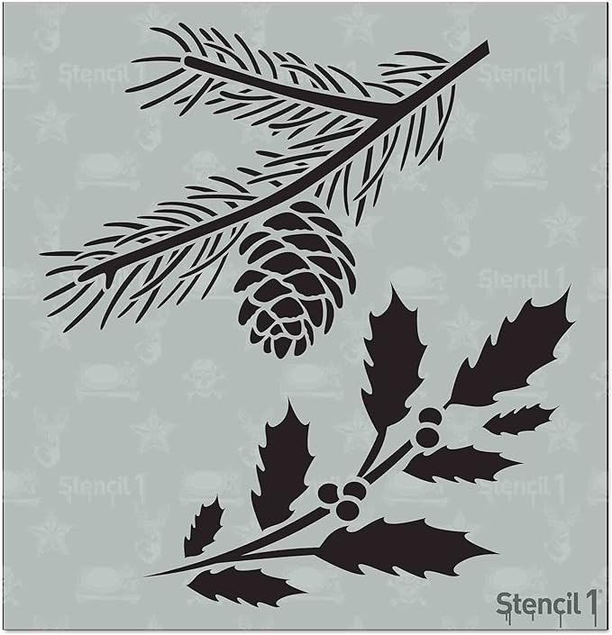 Stencil1 Holly and Evergreen Branches Stencil – Reusable Winter Template for DIY Crafts, Holiday Decor, Painting on Wood, Fabric, Cards & More - 5.75" x 6"
