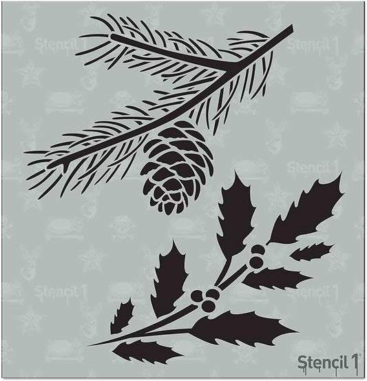 Stencil1 Holly and Evergreen Branches Stencil – Reusable Winter Template for DIY Crafts, Holiday Decor, Painting on Wood, Fabric, Cards & More - 5.75" x 6"