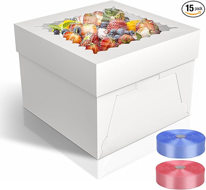 15 Pack Cake Boxes, 10x10x8 Inches Tall Cake Box with Cake Boards, White Bakery Boxes with Window, Disposable Cake Containers with Lids for Cake, Donuts, Pies, Cookies, Wedding, Birthday, Party