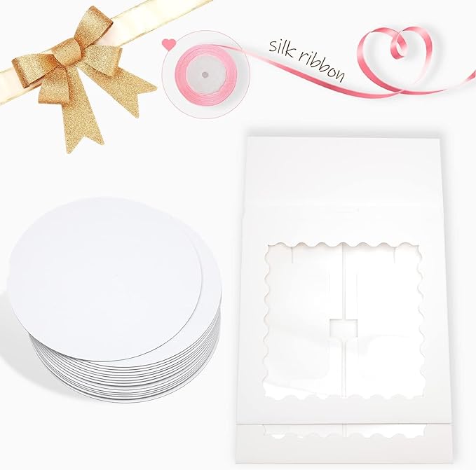 Bakepacker 36pcs 10x10x5 inches Cake Boxes with Window 18-Packs 10 Inch White Bakery Boxes (18 Cake Boxes +18 Cake Boards+10 Meters Silk Ribbon Includes Included)