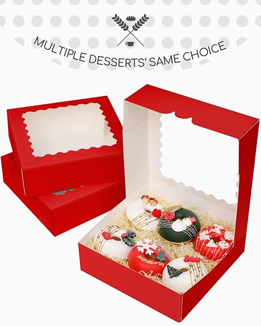 qiqee Red Pastry Box With Window 8x8x2.5 inch Donut Pie Boxes 30pcs Bakery Box Auto-pop up
