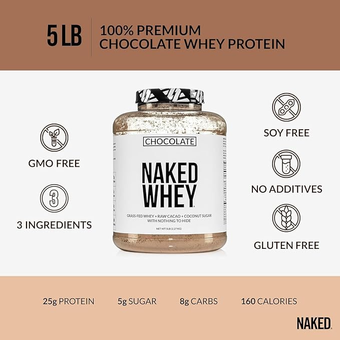 NAKED Whey Protein Supplement Powder, Chocolate, GMO Free, Soy Free, Gluten Free Aid Muscle Growth and Recovery 60 Servings, 5 Ib
