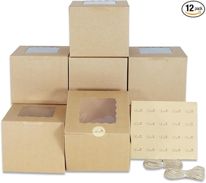 PQZKLDP 12 Pack Mini Cake Boxes, Brown 6 Inch Cake Box with Window, Dessert & Pastry Boxes