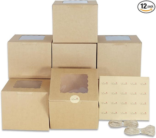 PQZKLDP 12 Pack Mini Cake Boxes, Brown 6 Inch Cake Box with Window, Dessert & Pastry Boxes