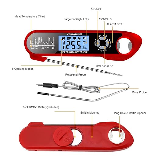 Digital Meat Thermometer – Waterproof Instant Read Food Thermometer for Cooking with Dual Probes, Backlight, Alarm, ºF/ºC for Steak, Oil, Frying, Candy, Grill, BBQ, Smoker, Oven