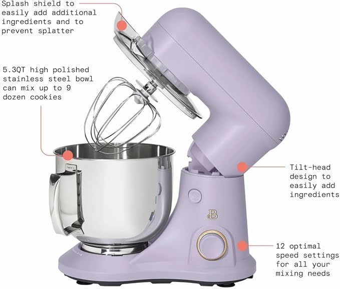 Beautiful 5.3QT Stand Mixer, 300W, 12 Speeds, Tilt-Head, Dishwasher-Safe, Splash Shield, Stainless Steel Bowl, Premium Matte Finish, for Baking & Cooking (Lavender)
