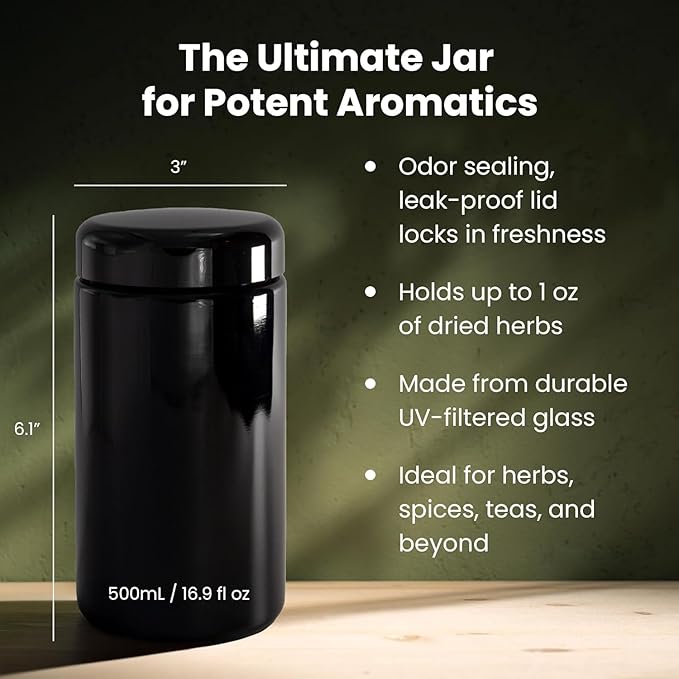 Infinity Jars 500ml (17 fl oz) Airtight UV Glass Jars Smell Proof, Antistatic, Light Blocking Containers for Herbs, Coffee, Tea & Spices Durable, Refillable & Travel-Friendly Storage