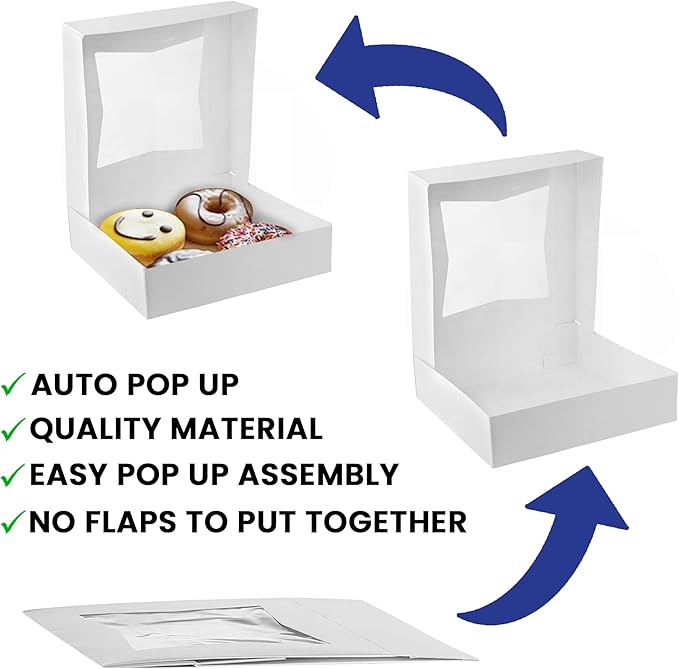 MT Products White Cookie Boxes - Size of 8" X 8" X 2.5" - (25 Pieces) Auto Pop-Up Bakery Boxes with Window - Made in the USA