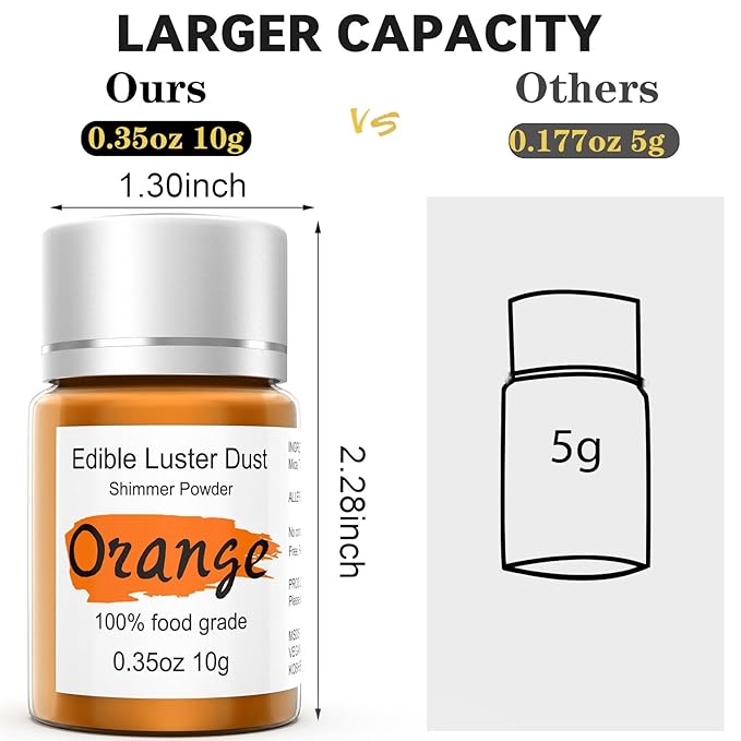 Orange Luster Dust Edible Glitter for Cakes Cocktails – 10g Colaele Edible Shimmering Dust for Chocolates, Metallic Food Coloring Powder for Cake Decorating Edible Glitter for Halloween Drinks, Vegan