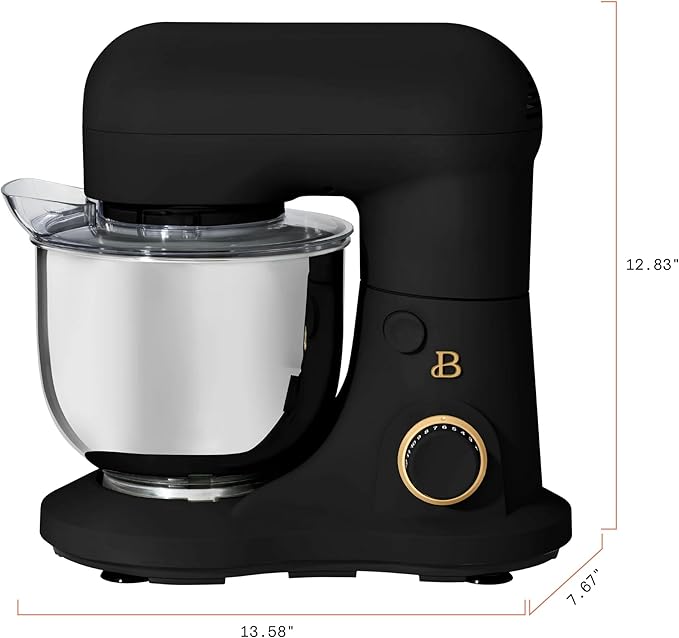 Beautiful 3.5 Qt Tilt-Head Stand Mixer | 12-Speed 300 W Motor | Stainless Bowl Beater, Dough Hook & Whisk by Drew Barrymore (Black Sesame)