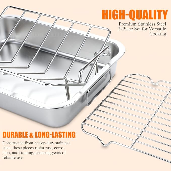 Roasting Pan Kit 15.5x11.5 Inch, Stainless Steel Turkey Roaster Baking Pan for Ovens-Heavy Duty Turkey Roaster V Rack & Cooling Rack, Deep Broiling Pan for Thanksgiving Christmas,Dishwasher Safe