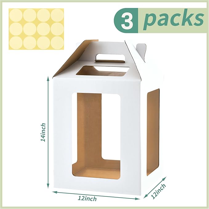 XININSUN 3 Pack Tall Cake Boxes for Tier Cake with 6 windows 12x12x14 Inch cake transport container,Bakery Take Out Transport Containers Tall Cake Carrier with Handle for Wedding, Birthday, Party