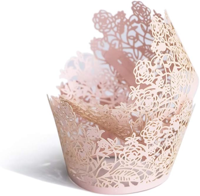 YOZATIA 60pcs Pink Rose Lace Cupcake Wrappers Holders, Laser Cut Cupcake Liners Decorative Liners for Wedding Party Birthday Cake Decoration Supplies