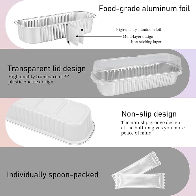 OcePor 50 Pack Mini Loaf Pans With Lids，Mini Cake Pans With Lids and Spoons，6.8oz Bread Loaf Pans Disposable，Small Aluminum Cake Tins,Baking Pans Individual (White)