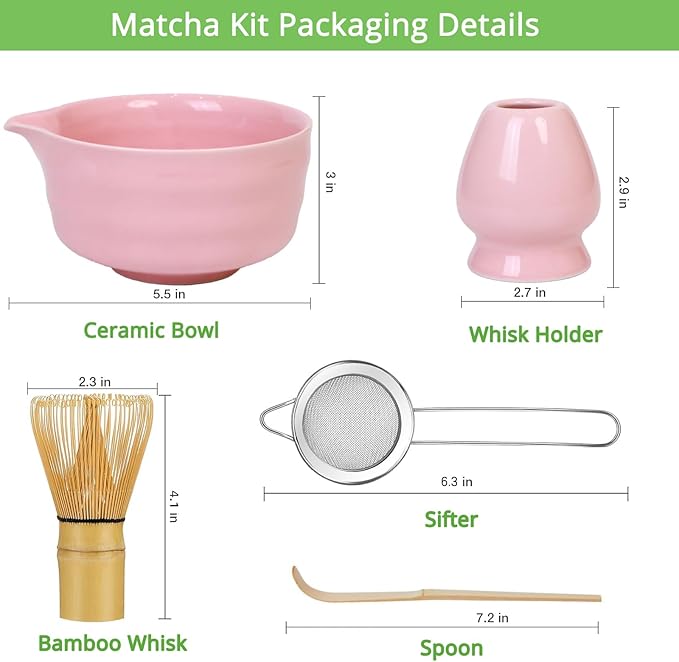 Matcha Whisk Set, Pink Matcha Kit Set with Bowl, Whisk, Bamboo Scoop, Scoop Rest, Sifter - 5 Pcs Matcha Kit for Lover