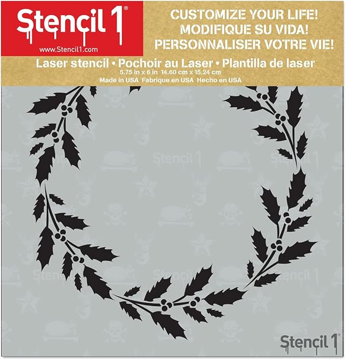 Stencil1 Holly Wreath Stencil – Reusable Winter Template for DIY Crafts, Holiday Decor, Painting on Wood, Fabric, Cards & More - 5.75" x 6"
