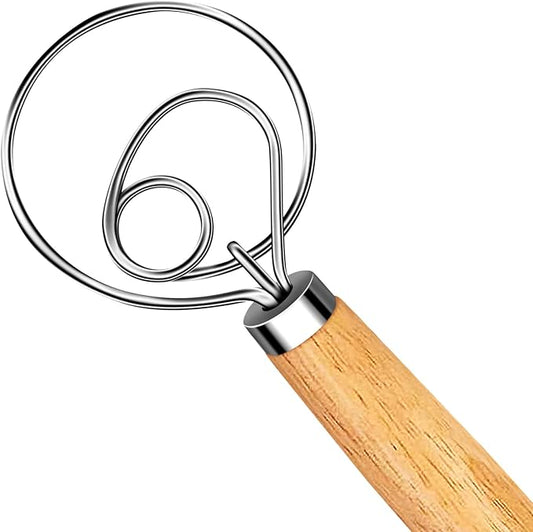 Hand Whisk Stainless Steel Dough Hook Dutch Whisk for Sourdough Bread Dough Mixer Hand Wooden Handle Kitchen Whisking Mixing Tool Bread Making Tools (1 eye)