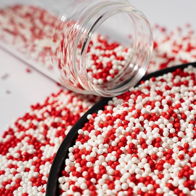 Sprinkles, White Red Edible Pearl Sprinkles for Cake Decorations, Baking, Ice Cream, Cookies, Cupcake Topper Edible Pearls Sprinkles - 2mm Matte White Sugar Pearls for Cake Decorating 130g/4.6oz 1 Bottle (2mm red white)