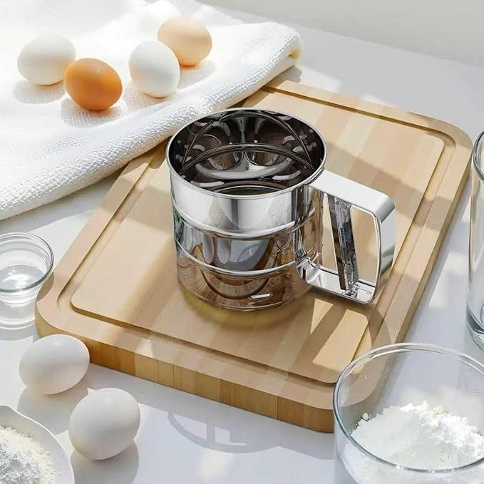 Flour Sifter,Upgraded 3-Cup Flour Sifter for Baking, One-Hand Press 3-in-1 Sifter with Double-Layer Fine Mesh, Stainless Steel Flour Sieve Baker for Quick Sifting and Super Smooth Dough Dusting