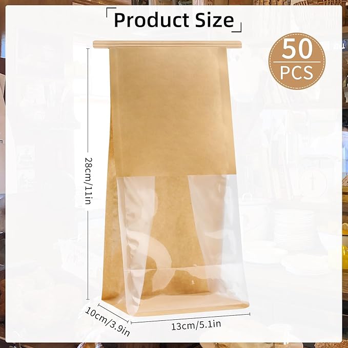 50Pcs Bakery Bags with Window, 5.1 x 3.9 x 11 Inches Kraft Paper Cookie Bags, Resealable Tin Tie Tab Lock Bags for Packaging, Bread Storage Bags, Coffee Bean Bags, Candy Bags